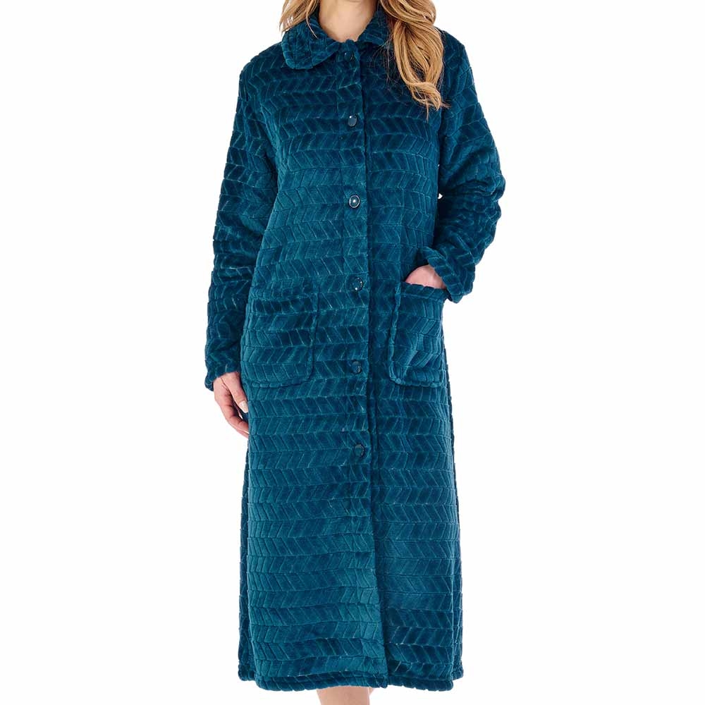 Chevron Button Through Cosy Dressing Gown in Teal