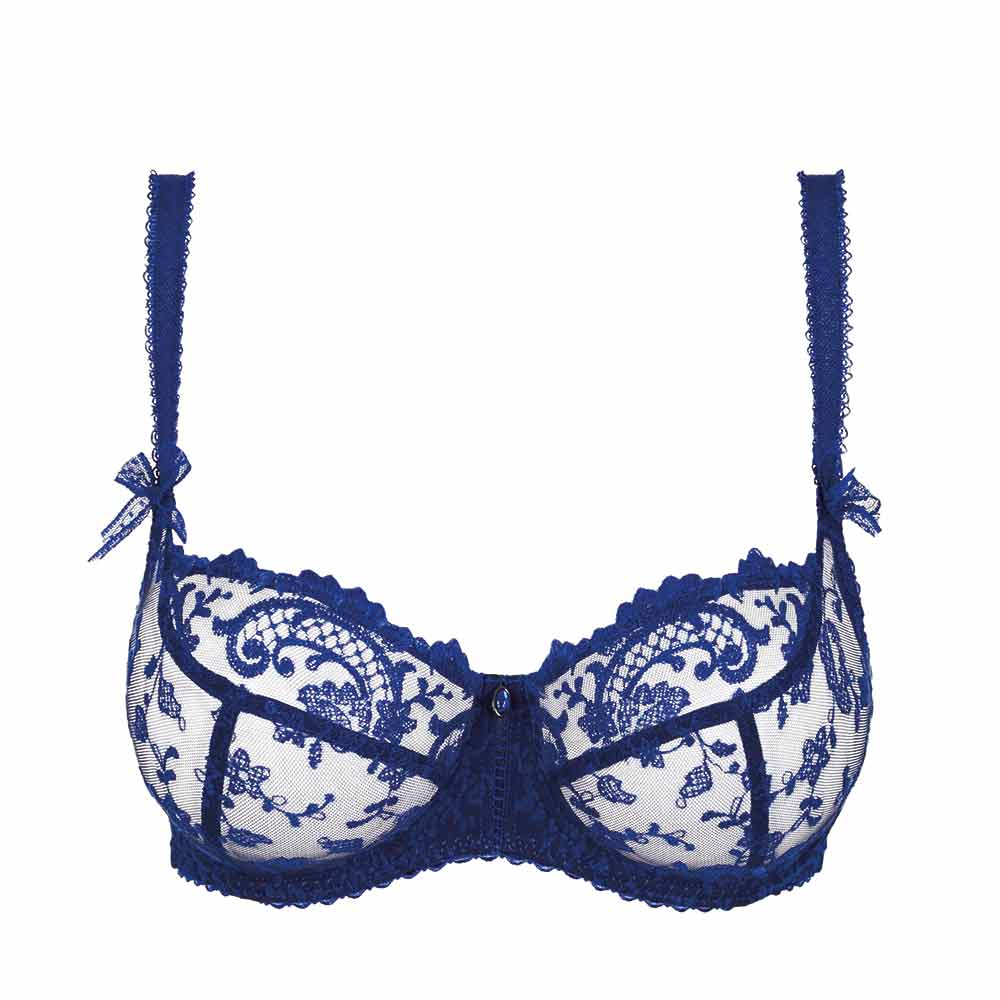 Comfortable blue floral-embroidered plunging underwire low-necked