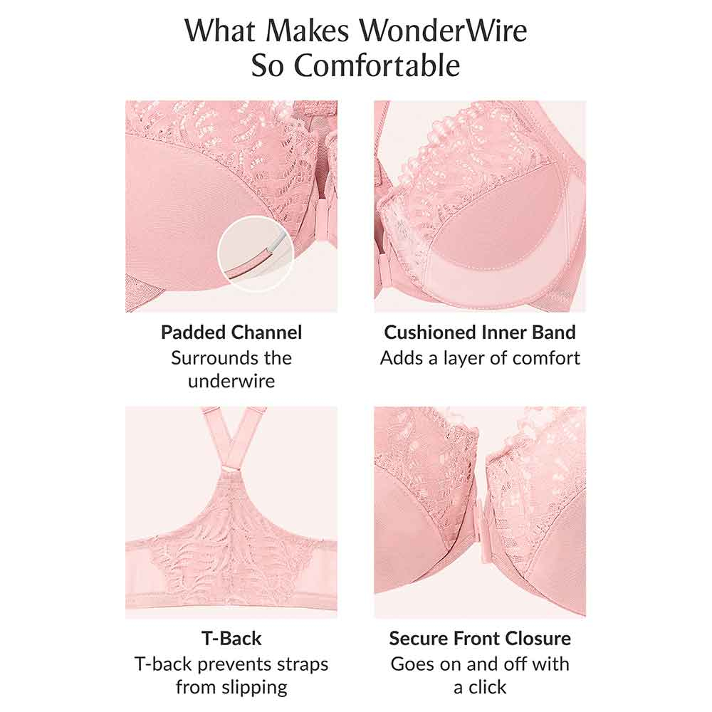 Glamorise Womens Front-Closure T-Back WonderWire Underwire Bra 1246 Pink  Blush 46DD