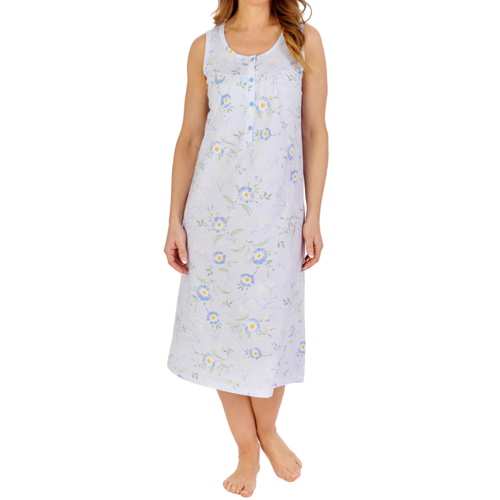 Slenderella Blue Flower Sleeveless Cotton 44 Inch Nightdress ND1110 blue