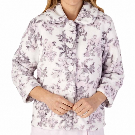 Floral Coral Cosy Button Through 3/4 Sleeve Fleece Bedjacket