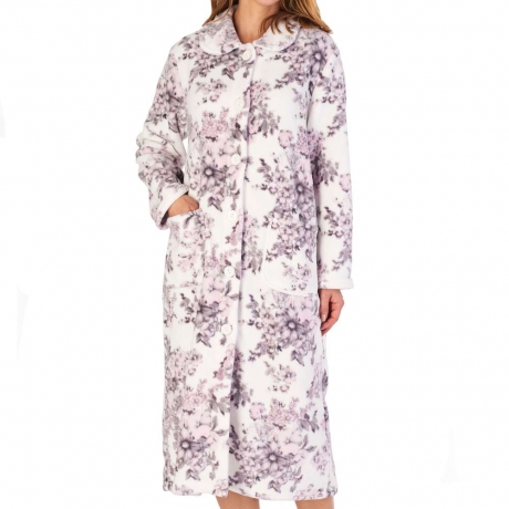 Floral Cosy Button Through Coral Fleece Housecoat