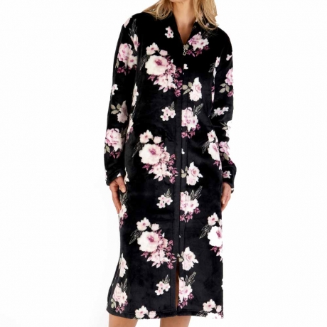 Floral Print Classic Fleece Zip Opening Housecoat