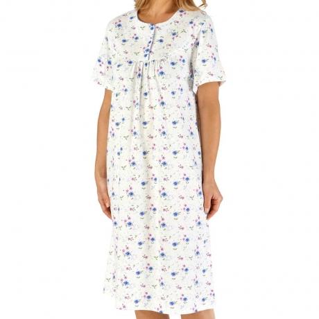 Classic Floral Short Sleeve Buttoned Top Cotton Nightdress