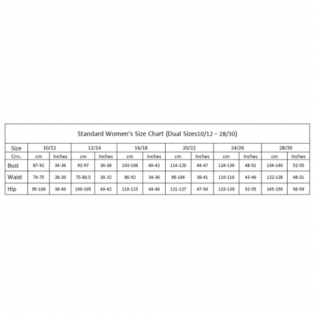 Size chart for Slenderella housecoats 2020