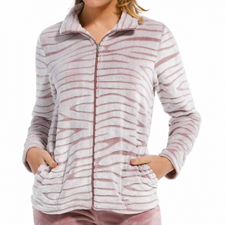 Pastunette Tiger Stripes Zip Opening Pyjama Top in snow 80212-107-8