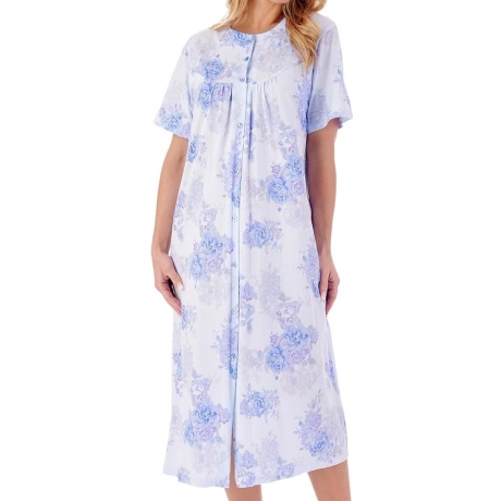 Large Floral Short Sleeve 46 Inch Button Through Cotton Nightdress