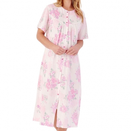 Large Floral Short Sleeve 46 Inch Button Through Cotton Nightdress
