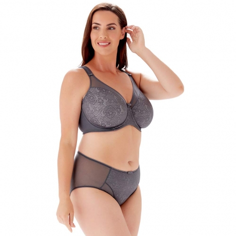 Sideview of Berlei Beauty Minimiser Wired Bra and Briefs in dark grey B521 and B523