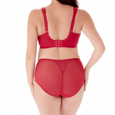 Backview of Berlei Beauty Stripe Underwired Minimiser Bra and Briefs in passion red B541 and B543