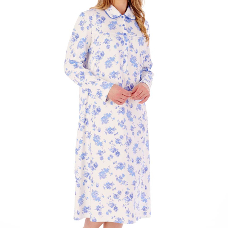 Floral Print Interlock Long Sleeve Buttoned Top Cotton 45 inch Nightdress