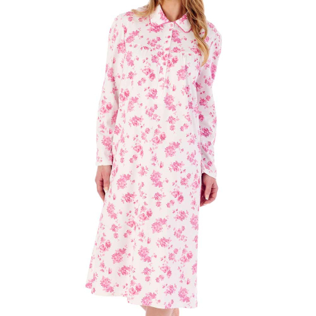 Floral Print Interlock Long Sleeve Buttoned Top Cotton 45 inch Nightdress