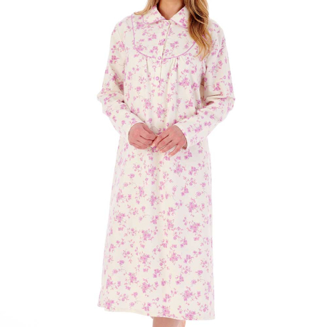 Floral Brushed Cotton Buttoned Top Collar 45 inch Nightdress
