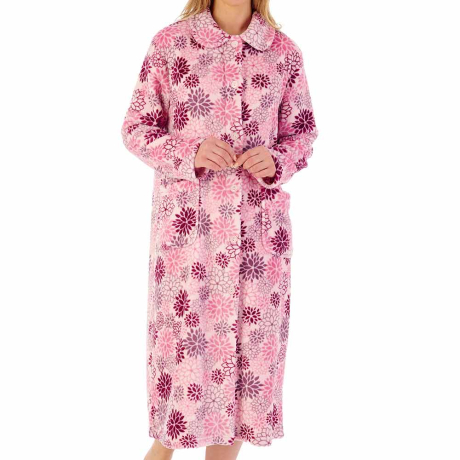Bold Floral Flannel Fleece Button Opening 46 inch Housecoat