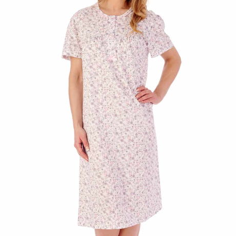 Sketch Floral Short Sleeve Buttoned Top Cotton 42 inch Nightdress