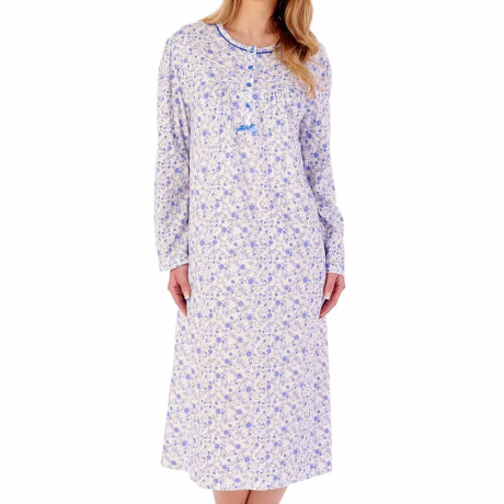Sketch Floral Long Sleeve Buttoned Top Cotton 45 inch Nightdress