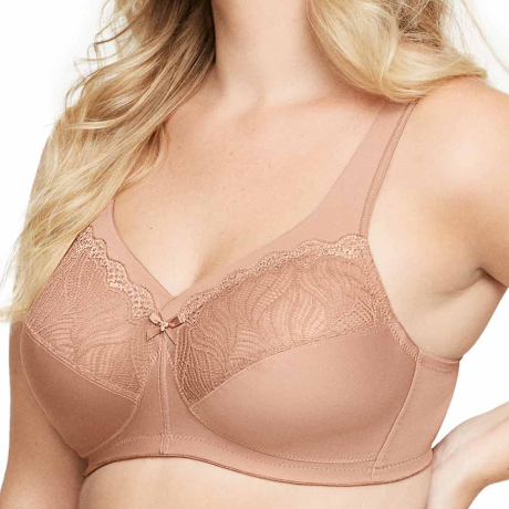 Sideview of Glamorise Magic Lift Natural Shape Soft Cup Bra in cappuccino 1010G