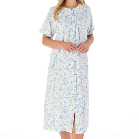 Hedgerow Flowers Short Sleeve Button Through 46 inch Cotton Nightdress
