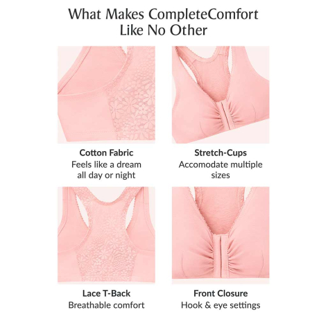 Features of the Glamorise Complete Comfort Front Fastening Bra in pink blush 1908