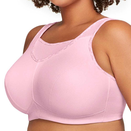 Sideview of Glamorise No Bounce Cami Sports Bra in light pink 1066