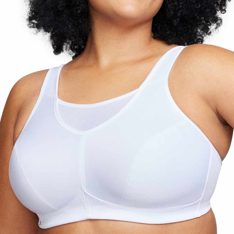 Sideview of Glamorise No Bounce Cami Sports Bra in white 1066