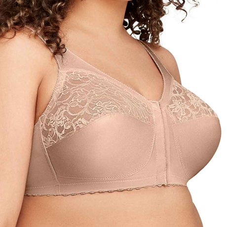 Sideview of Glamorise Soft Cup Front Fastening Bra in skintone 1200