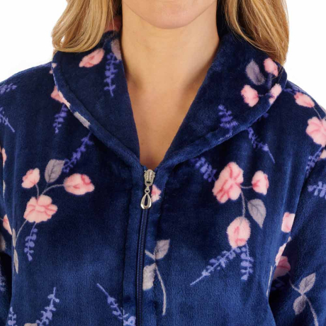 Close up of Slenderella Housecoat in Navy HC06312