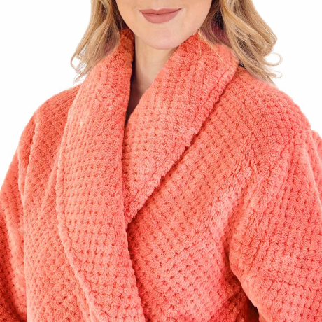 Close up of Slenderella Luxury Waffle Fleece Housecoat in Burnt Orange HC4329