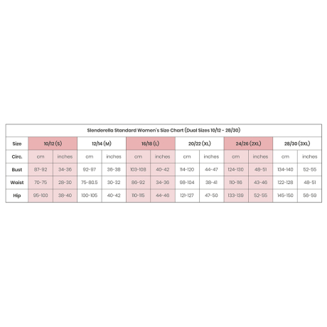 size chart for all slenderella and gaspe products