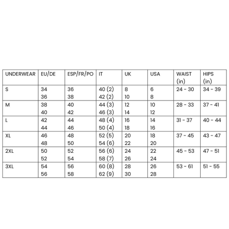 Janira Briefs Size Chart In Inches