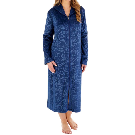 Floral Embossed Zip Opening 46 Inch Housecoat