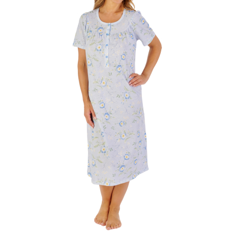 Blue Flower Short Sleeve Cotton 44 Inch Nightdress