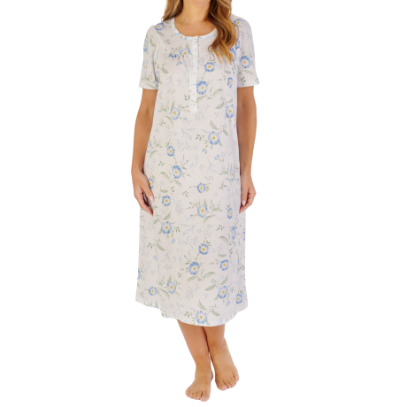 Blue Flower Short Sleeve Cotton 44 Inch Nightdress ND1111 ivory