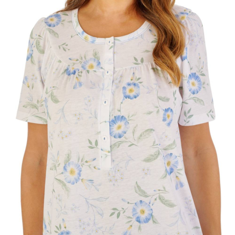 Blue Flower Short Sleeve Cotton 44 Inch Nightdress ND1111 ivory