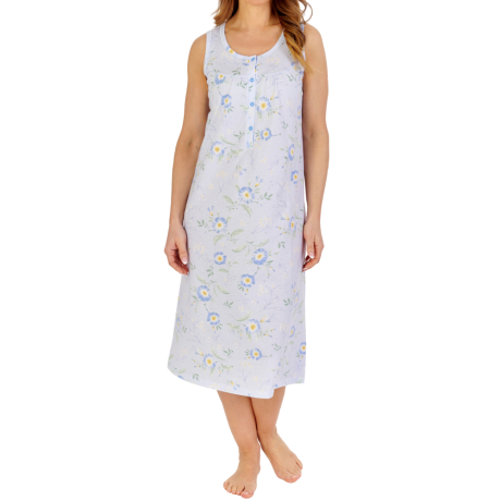 Blue Flower Sleeveless Cotton 44 Inch Nightdress