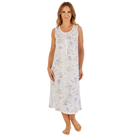 Slenderella Blue Flower Sleeveless Cotton 44 Inch Nightdress ND1110