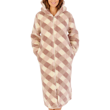 Gingham Zip Opening Hooded 46 Inch Housecoat
